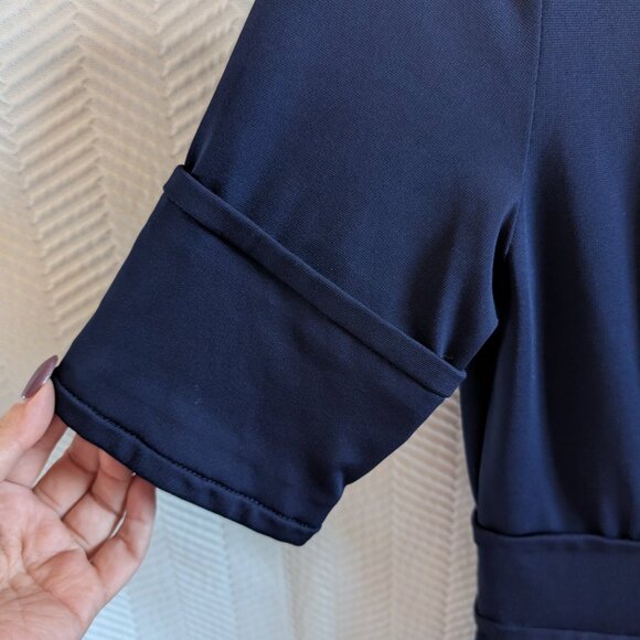 Pink Tartan Navy Stretch Sheath Dress Pockets Zip Back Size Small Tailored Fit - Picture 7 of 13